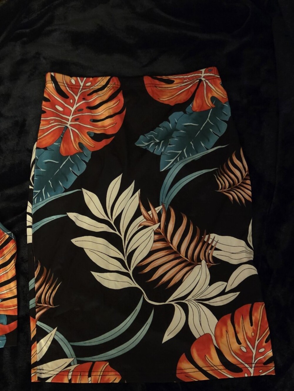 Tropical Leaf Print Mid Skirt & Top - Black with Orange & Teal Leaves